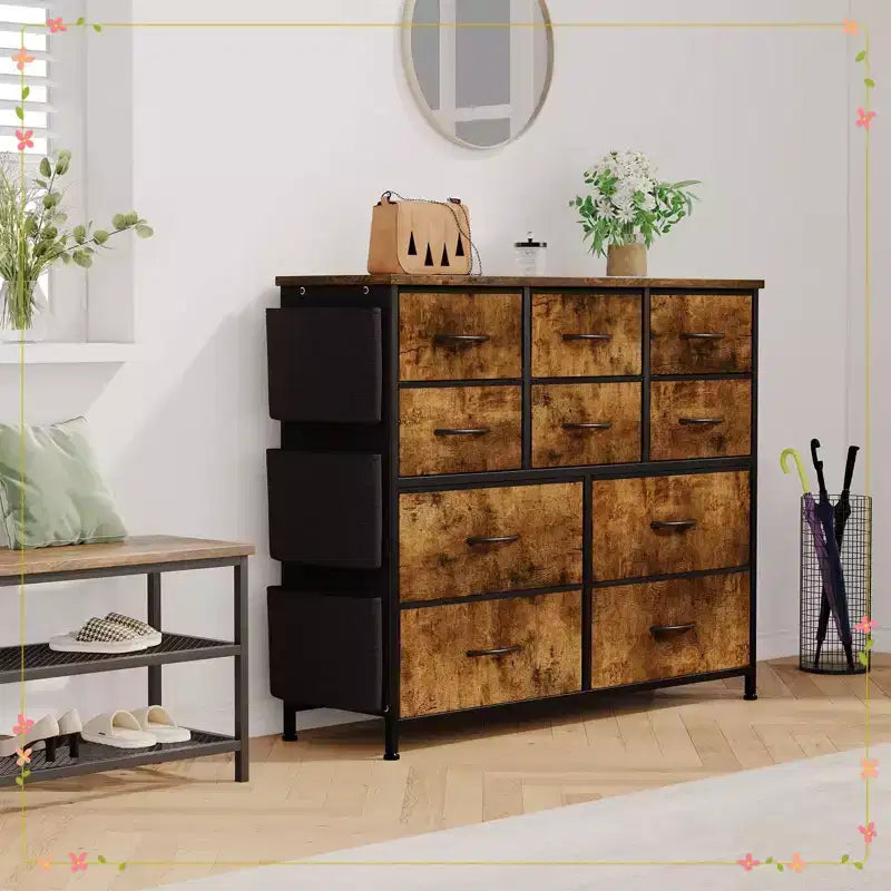 Clothes Dresser with 10 Drawers & Side Pockets Vertical Storage Organizer, TV Stand
