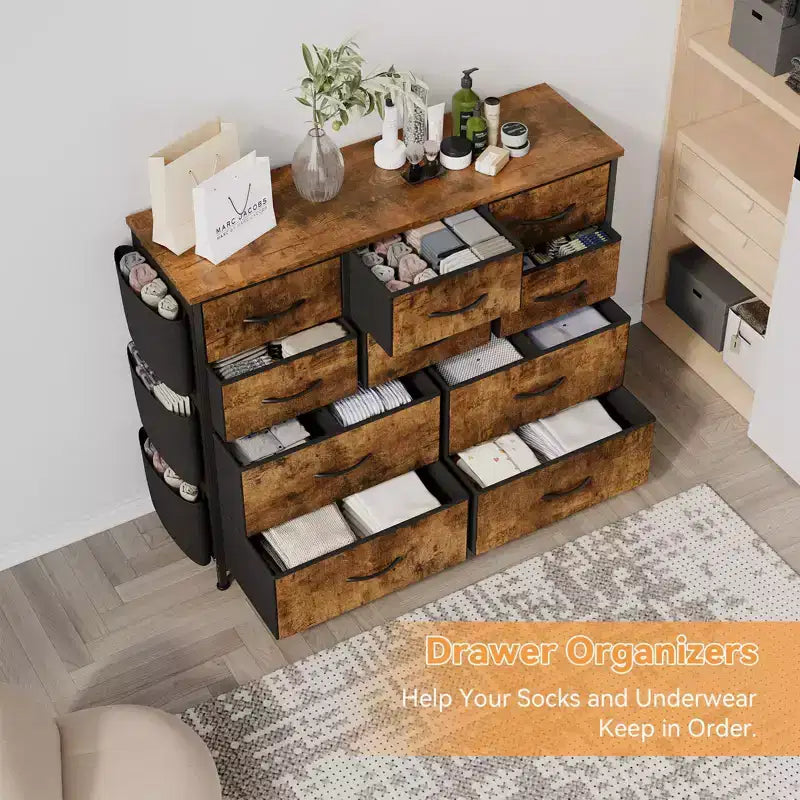 Clothes Dresser with 10 Drawers & Side Pockets Vertical Storage Organizer, TV Stand