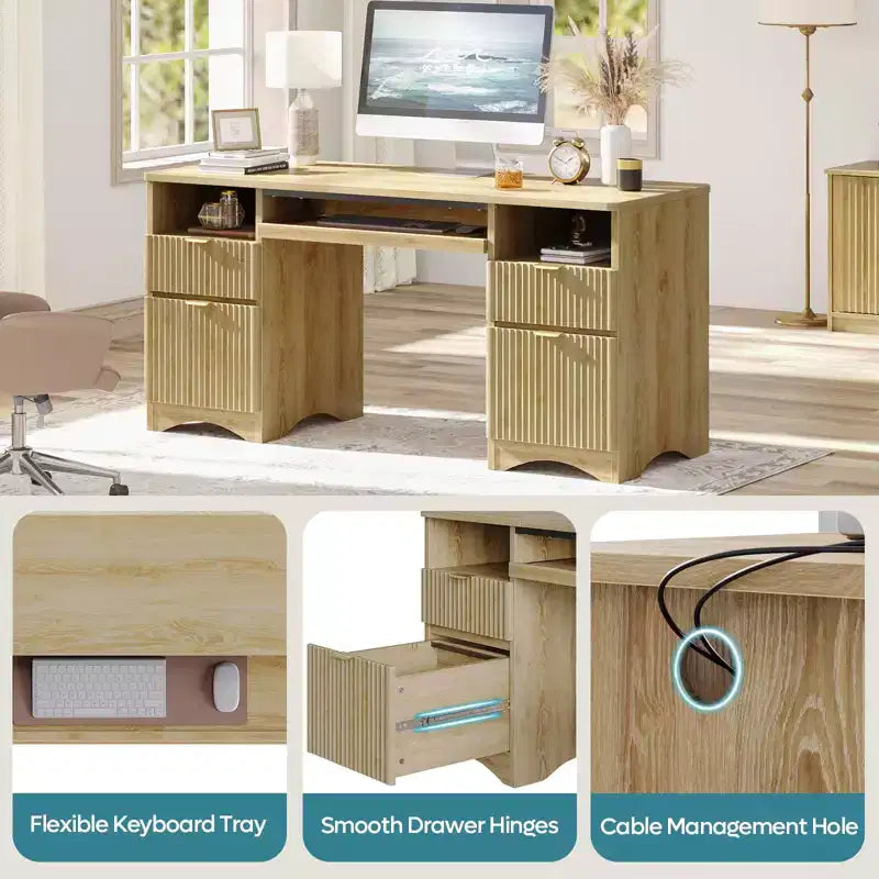 Bestier 59'' Executive Office Desk with Drawers, Computer Desk with Keyboard Tray, Business Desk Writing Workstation for Home Office with Open Shelves