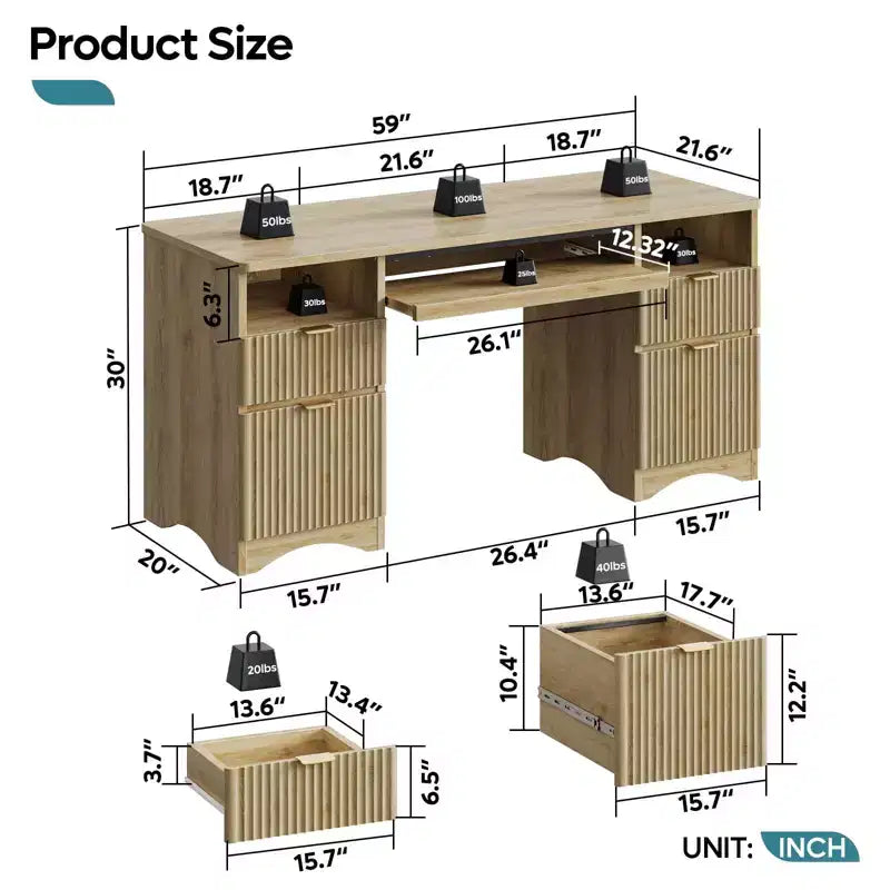 Bestier 59'' Executive Office Desk with Drawers, Computer Desk with Keyboard Tray, Business Desk Writing Workstation for Home Office with Open Shelves