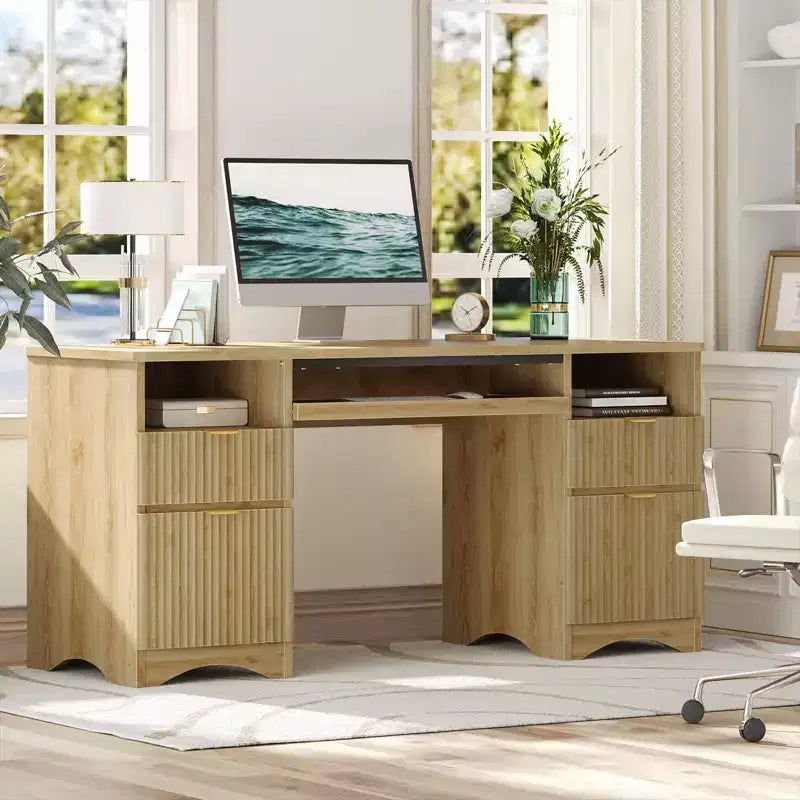 Bestier 59'' Executive Office Desk with Drawers, Computer Desk with Keyboard Tray, Business Desk Writing Workstation for Home Office with Open Shelves