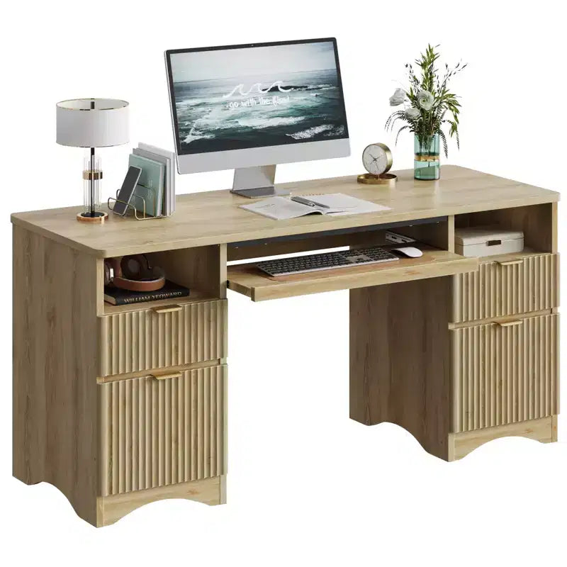 Bestier 59'' Executive Office Desk with Drawers, Computer Desk with Keyboard Tray, Business Desk Writing Workstation for Home Office with Open Shelves