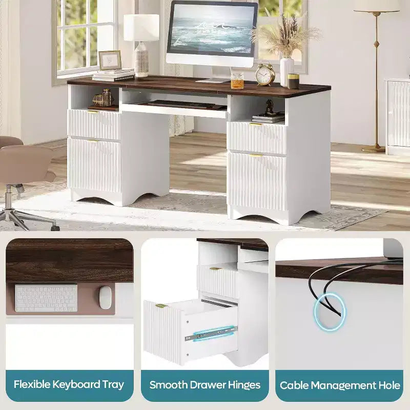 Bestier 59'' Executive Office Desk with Drawers, Computer Desk with Keyboard Tray, Business Desk Writing Workstation for Home Office with Open Shelves