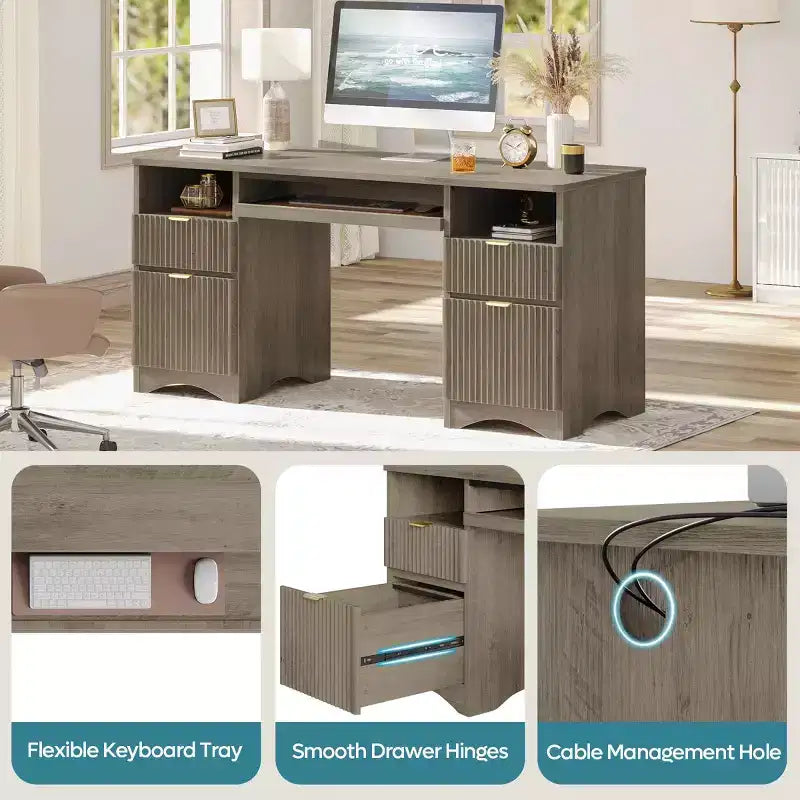 Bestier 59'' Executive Office Desk with Drawers, Computer Desk with Keyboard Tray, Business Desk Writing Workstation for Home Office with Open Shelves