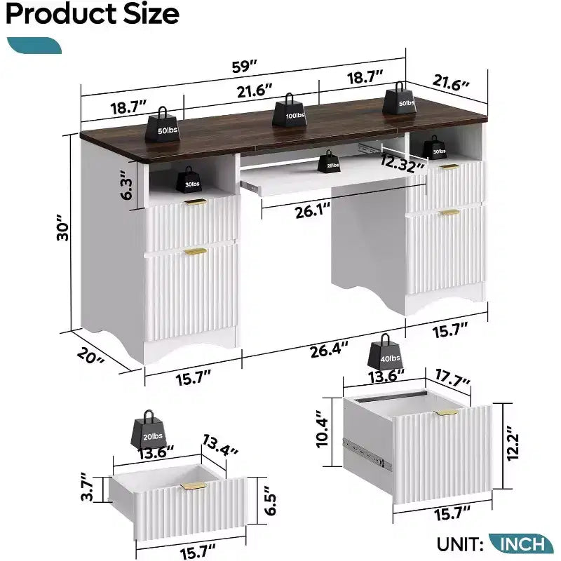 Bestier 59'' Executive Office Desk with Drawers, Computer Desk with Keyboard Tray, Business Desk Writing Workstation for Home Office with Open Shelves