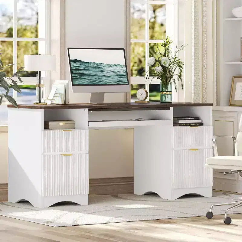 Bestier 59'' Executive Office Desk with Drawers, Computer Desk with Keyboard Tray, Business Desk Writing Workstation for Home Office with Open Shelves