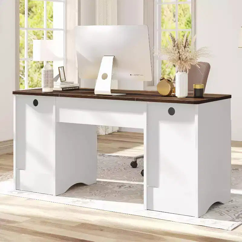 Bestier 59'' Executive Office Desk with Drawers, Computer Desk with Keyboard Tray, Business Desk Writing Workstation for Home Office with Open Shelves