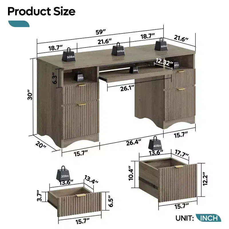 Bestier 59'' Executive Office Desk with Drawers, Computer Desk with Keyboard Tray, Business Desk Writing Workstation for Home Office with Open Shelves