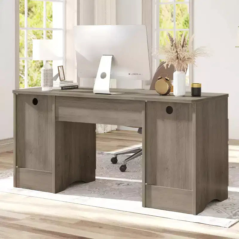 Bestier 59'' Executive Office Desk with Drawers, Computer Desk with Keyboard Tray, Business Desk Writing Workstation for Home Office with Open Shelves