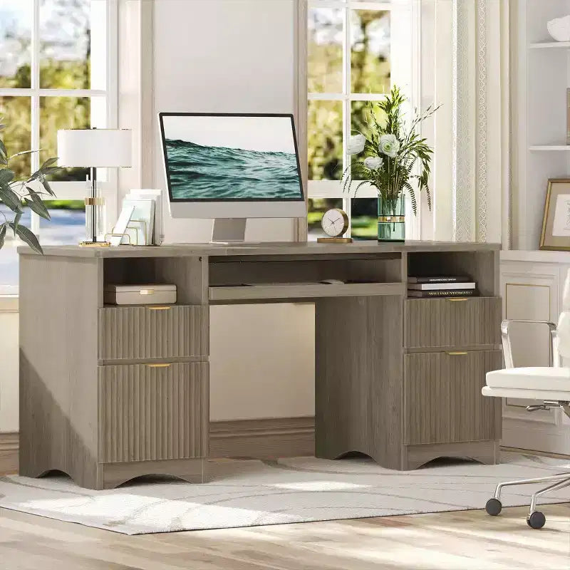 Bestier 59'' Executive Office Desk with Drawers, Computer Desk with Keyboard Tray, Business Desk Writing Workstation for Home Office with Open Shelves