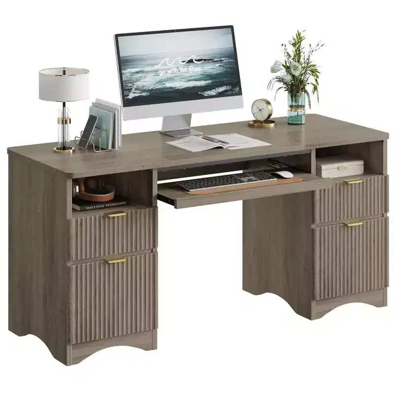 Bestier 59'' Executive Office Desk with Drawers, Computer Desk with Keyboard Tray, Business Desk Writing Workstation for Home Office with Open Shelves
