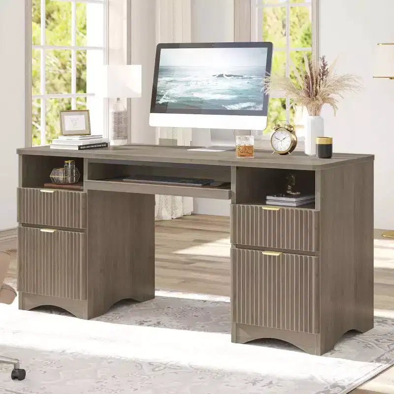 Bestier 59'' Executive Office Desk with Drawers, Computer Desk with Keyboard Tray, Business Desk Writing Workstation for Home Office with Open Shelves