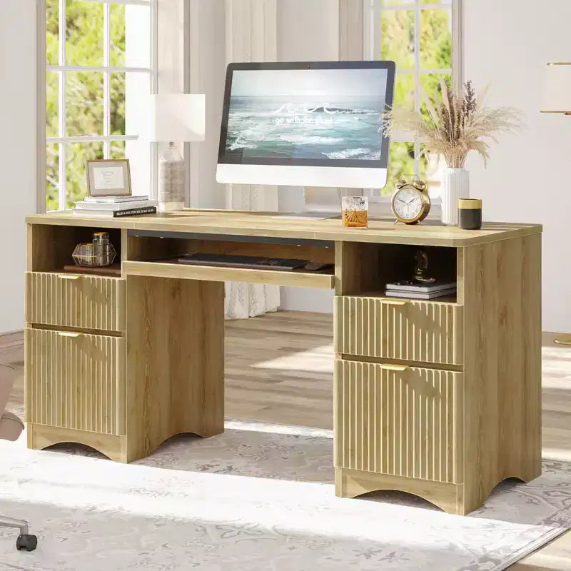 Bestier 59'' Executive Office Desk with Drawers, Computer Desk with Keyboard Tray, Business Desk Writing Workstation for Home Office with Open Shelves