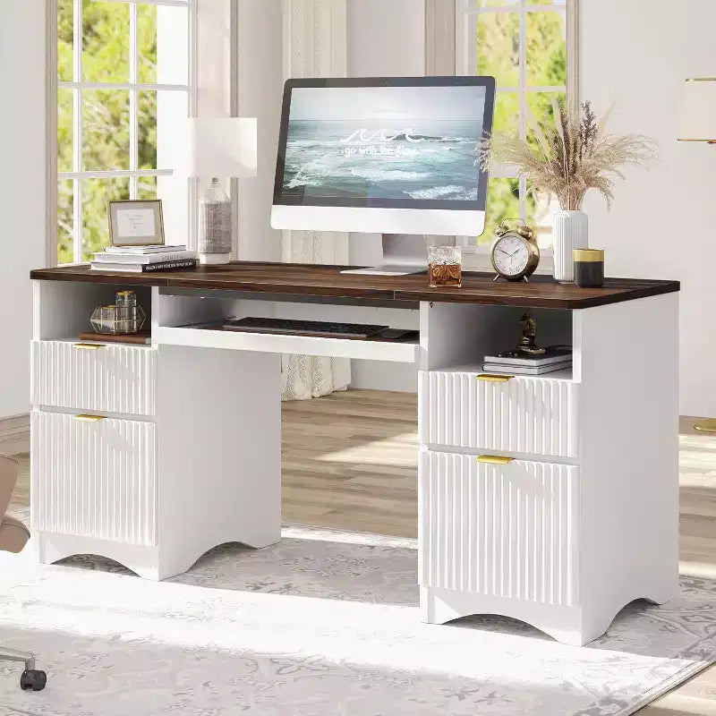 Bestier 59'' Executive Office Desk with Drawers, Computer Desk with Keyboard Tray, Business Desk Writing Workstation for Home Office with Open Shelves