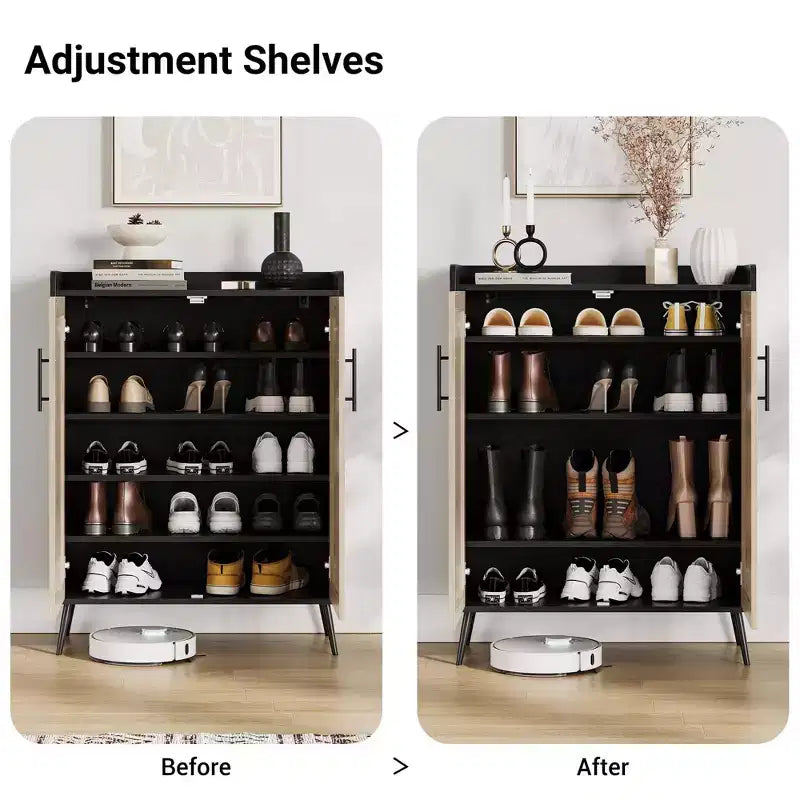 Whizmax 6-Tier Farmhouse Shoe Cabinet with Doors, 2 Adjustable Shelves & Metal Legs, Entryway Storage Organizer for Hallway/Living Room