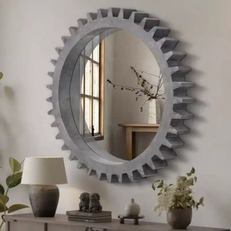 Vintage 42'' x 42'' Wood Round Hanging Gear Shape Heavy Decorative Mirror For Bathroom Living Room Entryway Or Put Together To Your Liking