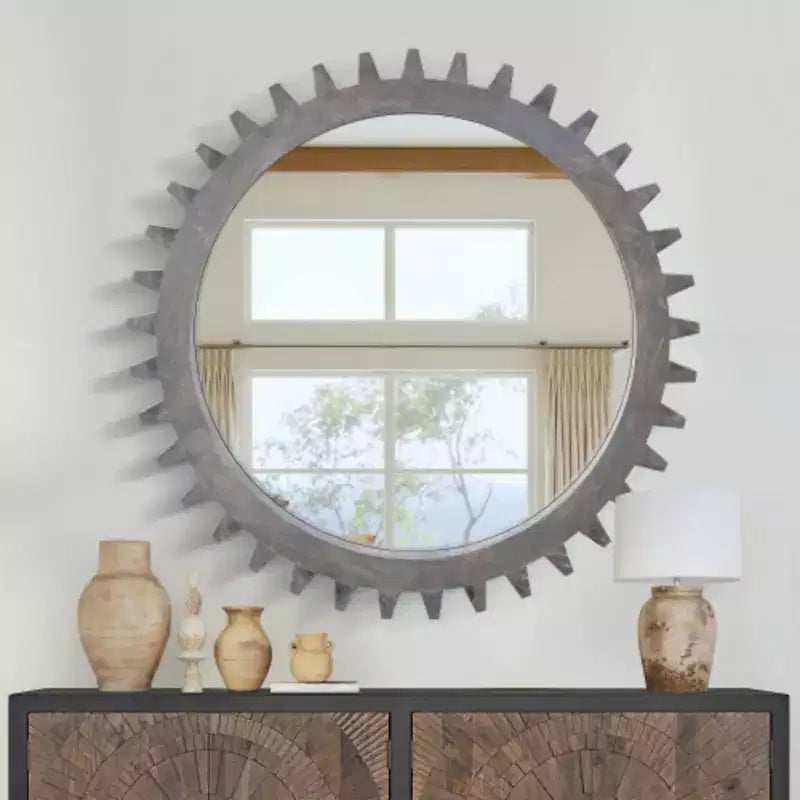 Vintage 42'' x 42'' Wood Round Hanging Gear Shape Heavy Decorative Mirror For Bathroom Living Room Entryway Or Put Together To Your Liking
