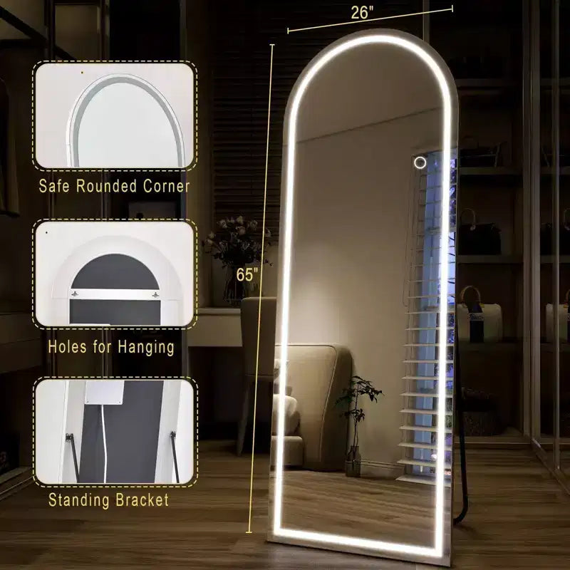 26x65 LED Arched Full-Length Mirror with LED Lights, Standing Mirror for Bedroom, Wall-Mounted Full-Length Mirror, A-Mirror