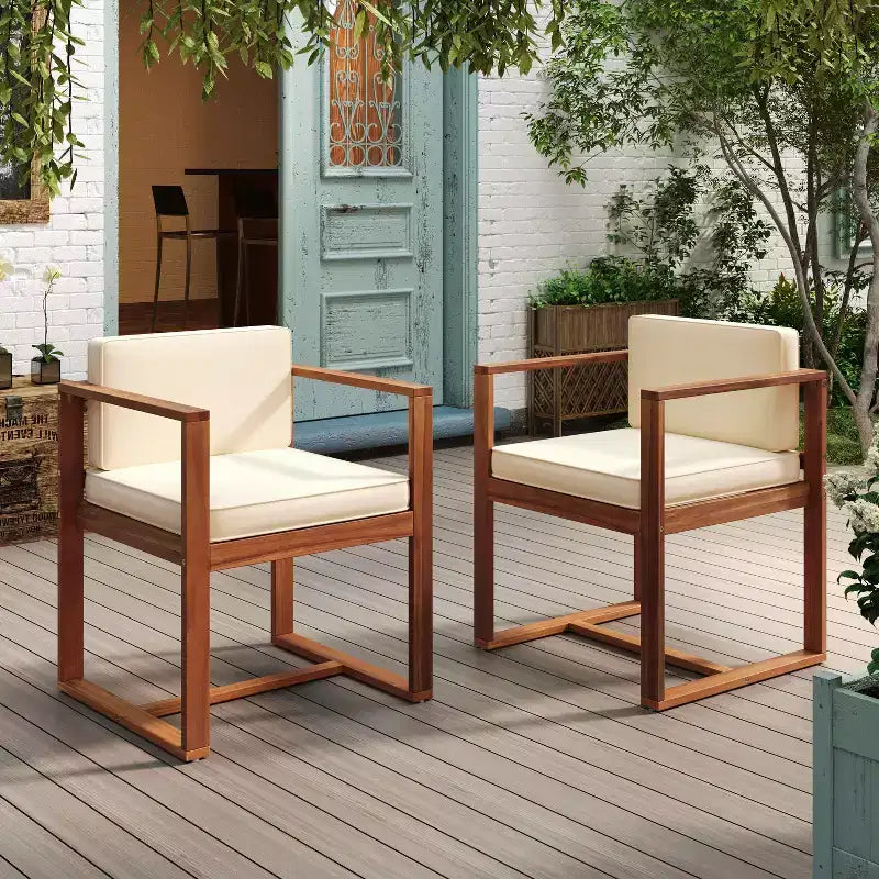 MAYEERTY Set of 2 Outdoor Patio Teak Acacia Wood Arm Dining Chairs with Beige Thick Cushions 400lbs Capacity