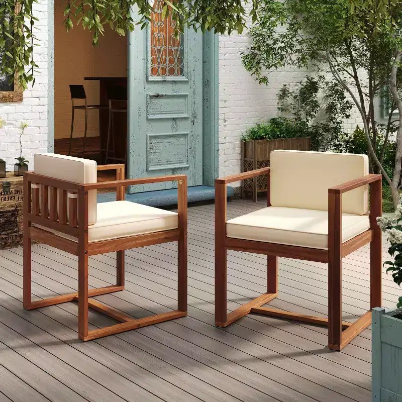 MAYEERTY Set of 2 Outdoor Patio Teak Acacia Wood Arm Dining Chairs with Beige Thick Cushions 400lbs Capacity