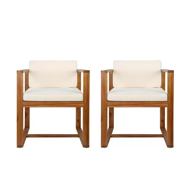 MAYEERTY Set of 2 Outdoor Patio Teak Acacia Wood Arm Dining Chairs with Beige Thick Cushions 400lbs Capacity