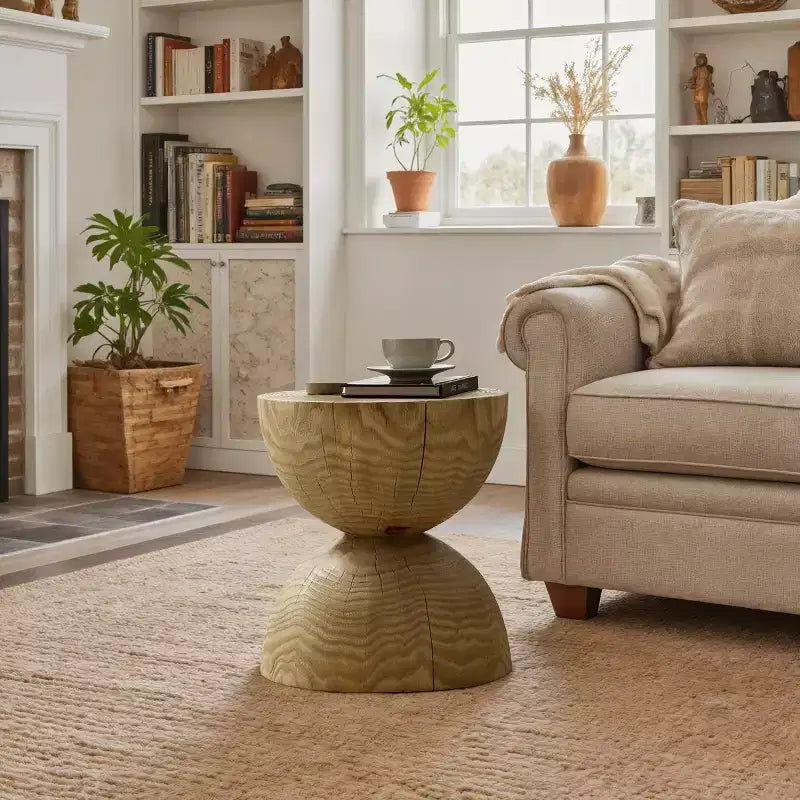 Art Leon Solid Pine Wood Round End Table with Hourglass Design, Living Room Side Table