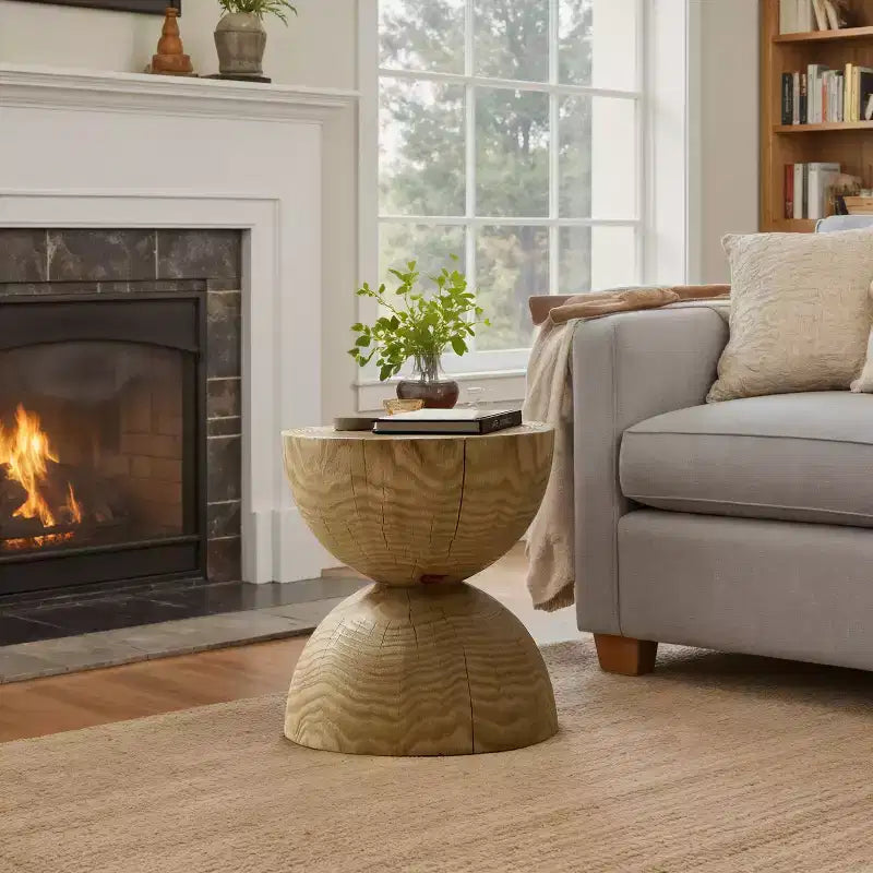 Art Leon Solid Pine Wood Round End Table with Hourglass Design, Living Room Side Table