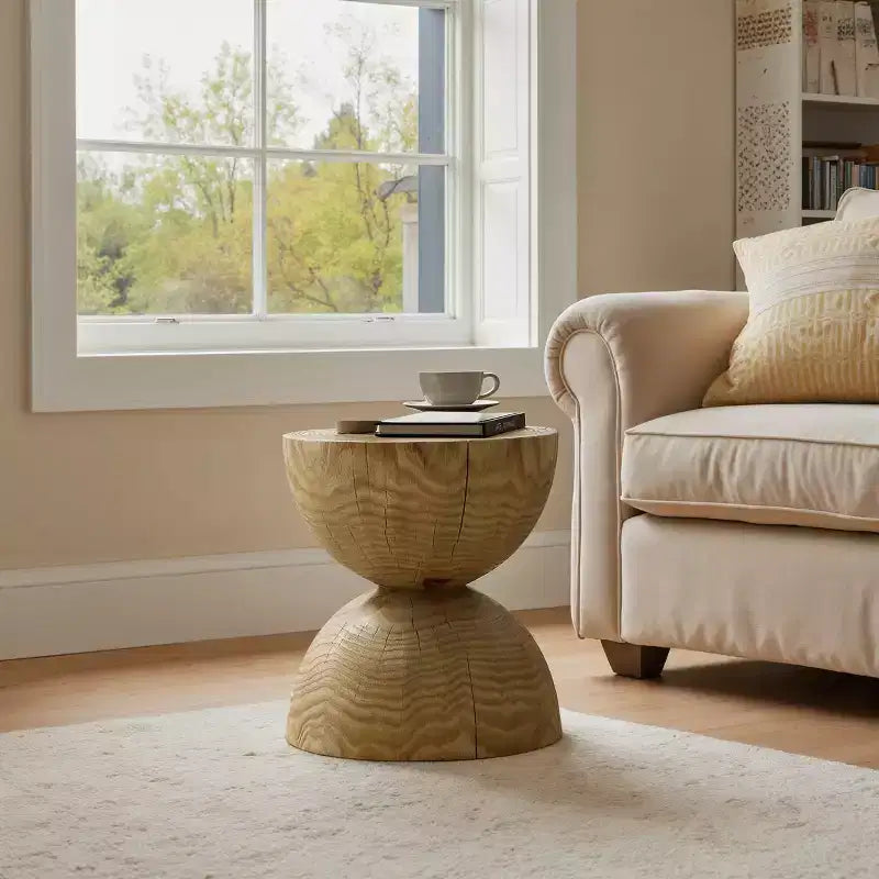 Art Leon Solid Pine Wood Round End Table with Hourglass Design, Living Room Side Table