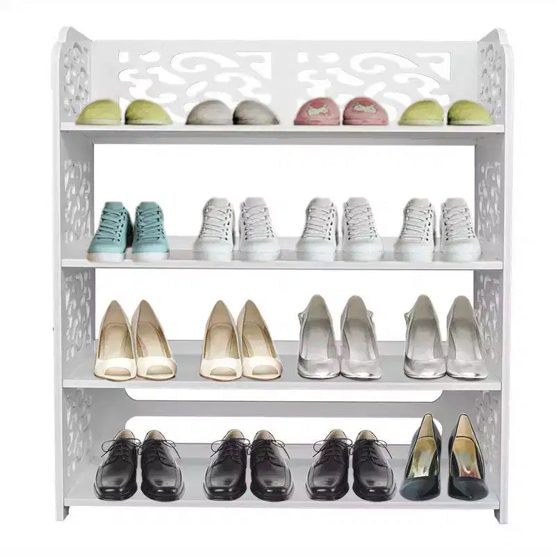 Karl Home | Wood-plastic Board Four Tiers Carved Shoe Rack White
