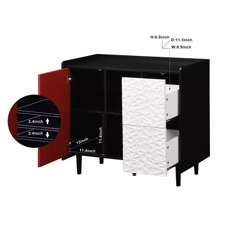 Sideboard Buffet Cabinet, Black Storage Cabinet with Red Doors , 2 Drawers with unique panel styling and 2 Open Storage Compartment
