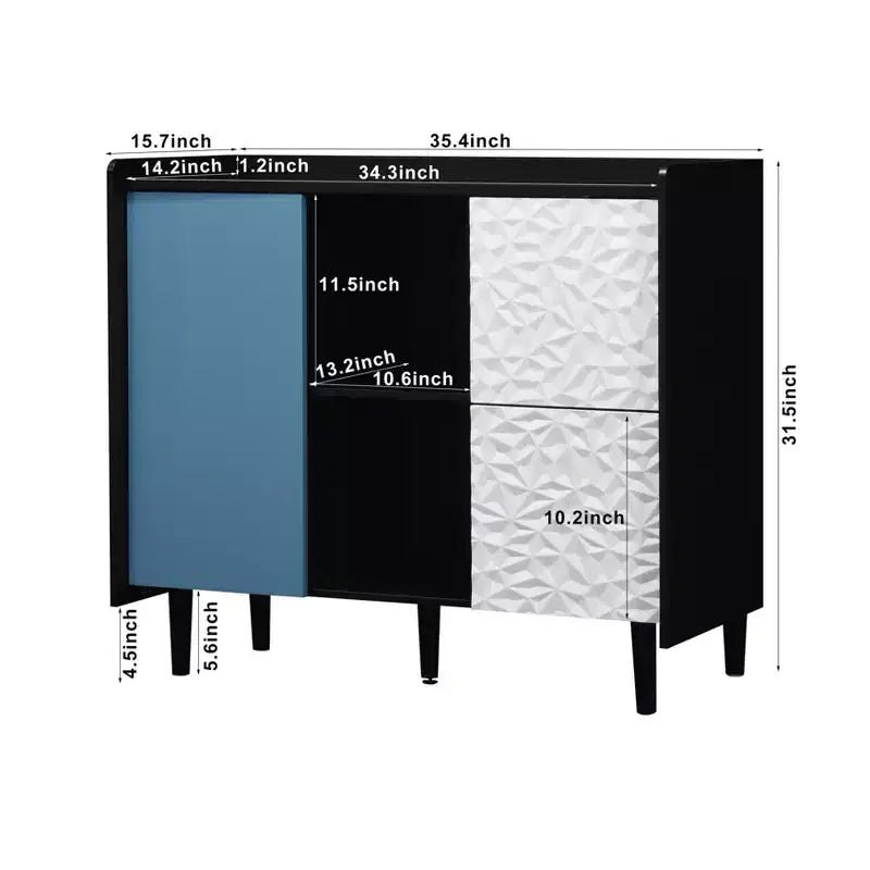 Sideboard Buffet Cabinet, Black Storage Cabinet with Red Doors , 2 Drawers with unique panel styling and 2 Open Storage Compartment