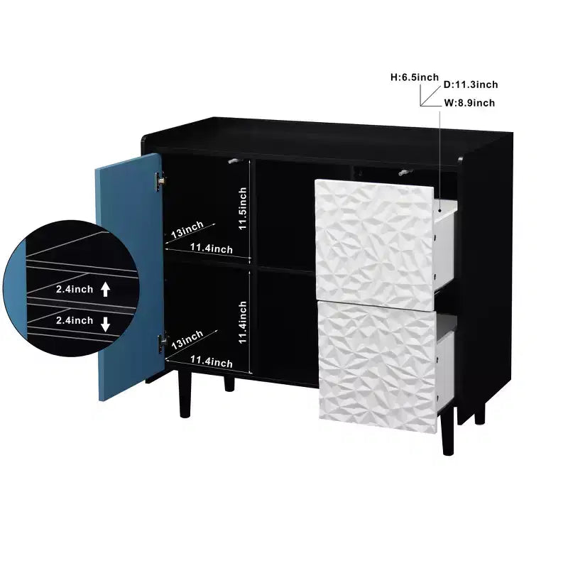 Sideboard Buffet Cabinet, Black Storage Cabinet with Red Doors , 2 Drawers with unique panel styling and 2 Open Storage Compartment