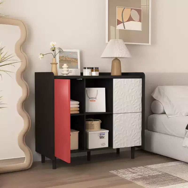 Sideboard Buffet Cabinet, Black Storage Cabinet with Red Doors , 2 Drawers with unique panel styling and 2 Open Storage Compartment