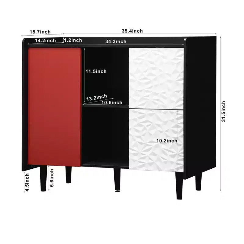 Sideboard Buffet Cabinet, Black Storage Cabinet with Red Doors , 2 Drawers with unique panel styling and 2 Open Storage Compartment