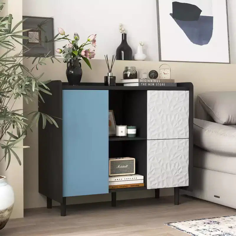 Sideboard Buffet Cabinet, Black Storage Cabinet with Red Doors , 2 Drawers with unique panel styling and 2 Open Storage Compartment