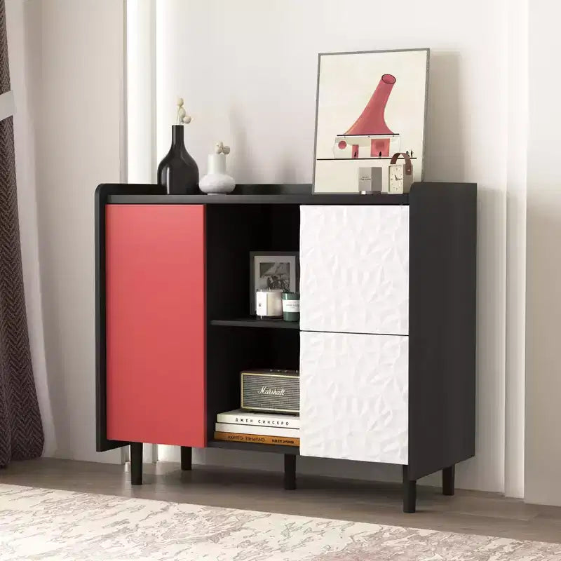 Sideboard Buffet Cabinet, Black Storage Cabinet with Red Doors , 2 Drawers with unique panel styling and 2 Open Storage Compartment