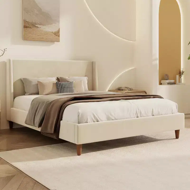 Queen/King Size Velvet Upholstered Platform Bed Frame with Wingback Headboard and Walnut Wooden Legs, Beige, No Box Spring Needed-ModernLuxe