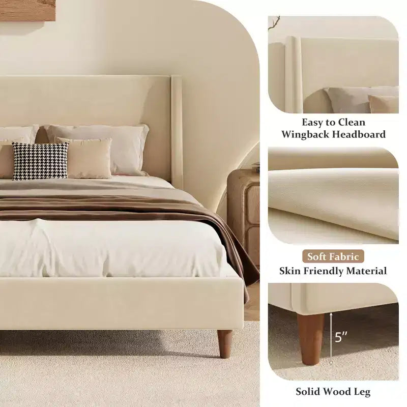 Queen/King Size Velvet Upholstered Platform Bed Frame with Wingback Headboard and Walnut Wooden Legs, Beige, No Box Spring Needed-ModernLuxe