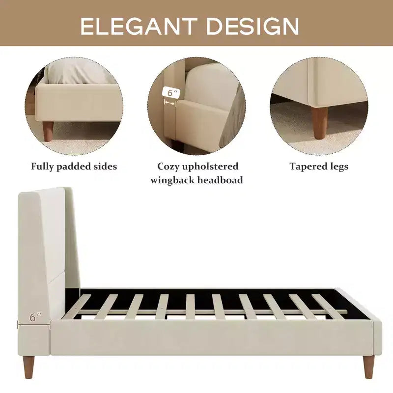 Queen/King Size Velvet Upholstered Platform Bed Frame with Wingback Headboard and Walnut Wooden Legs, Beige, No Box Spring Needed-ModernLuxe