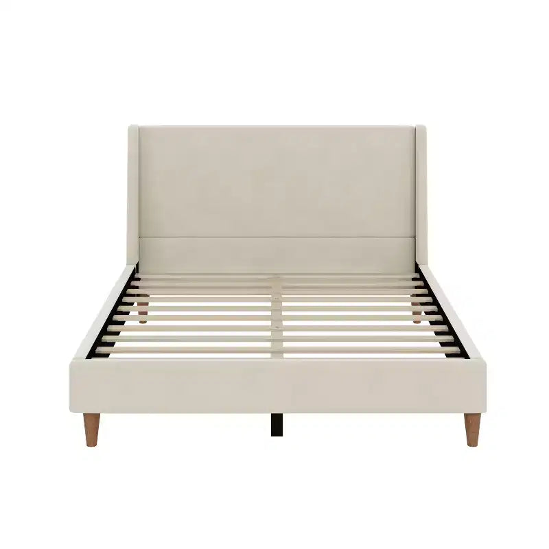Queen/King Size Velvet Upholstered Platform Bed Frame with Wingback Headboard and Walnut Wooden Legs, Beige, No Box Spring Needed-ModernLuxe