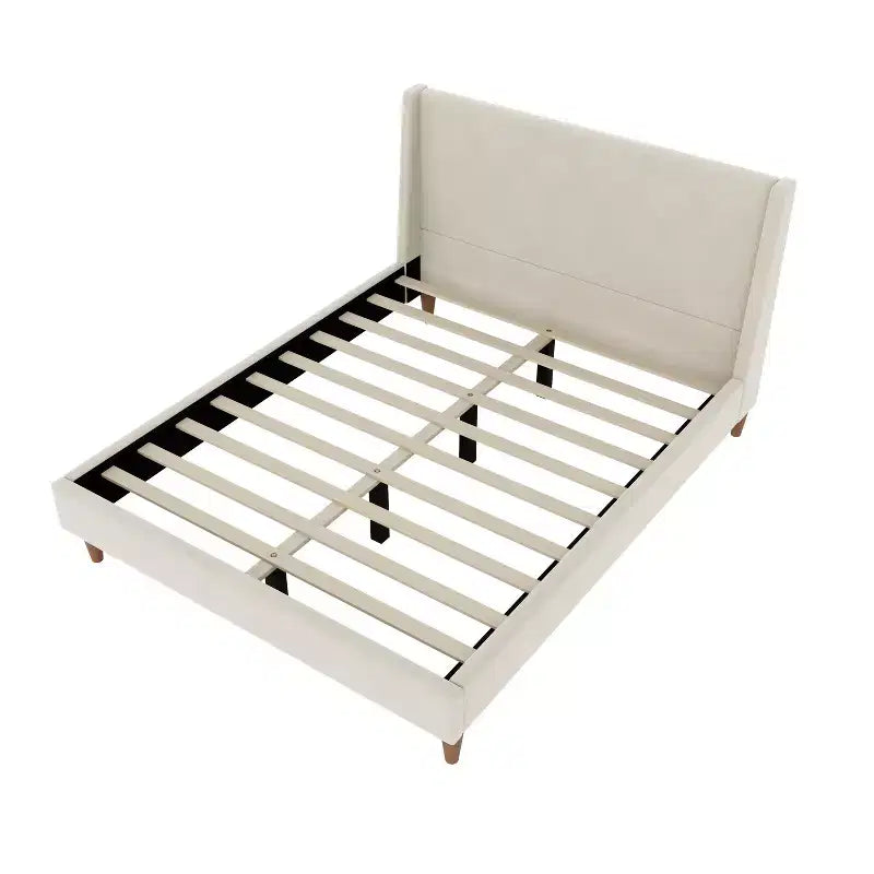 Queen/King Size Velvet Upholstered Platform Bed Frame with Wingback Headboard and Walnut Wooden Legs, Beige, No Box Spring Needed-ModernLuxe