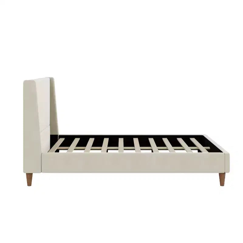 Queen/King Size Velvet Upholstered Platform Bed Frame with Wingback Headboard and Walnut Wooden Legs, Beige, No Box Spring Needed-ModernLuxe