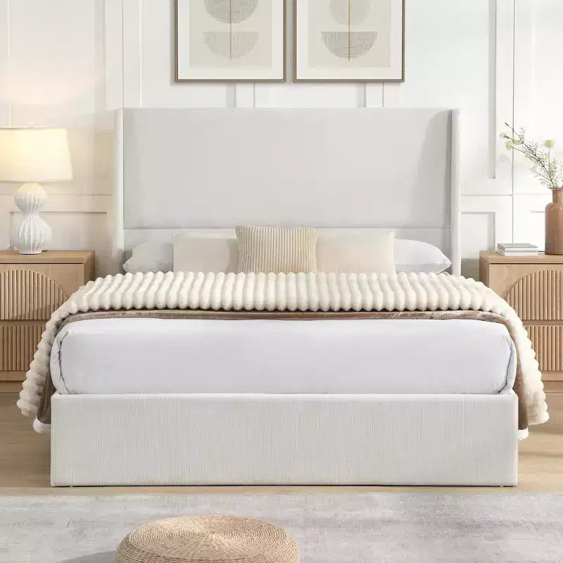 Queen/King Size Velvet Upholstered Platform Bed Frame with Wingback Headboard and Walnut Wooden Legs, Beige, No Box Spring Needed-ModernLuxe