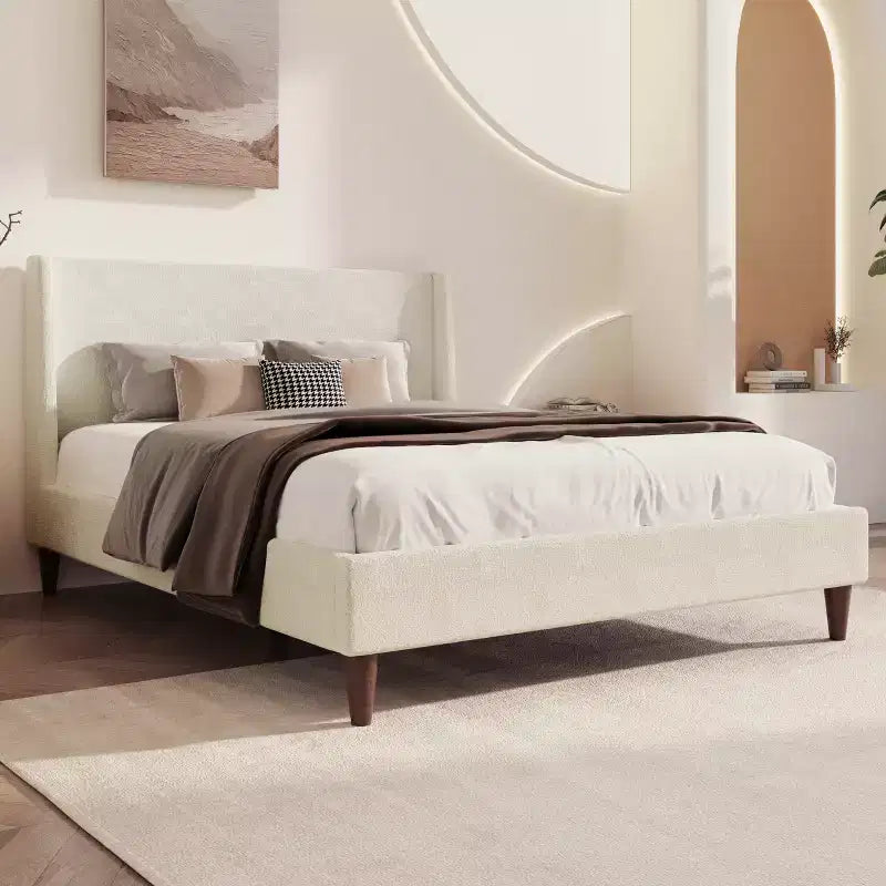 Queen/King Size Velvet Upholstered Platform Bed Frame with Wingback Headboard and Walnut Wooden Legs, Beige, No Box Spring Needed-ModernLuxe