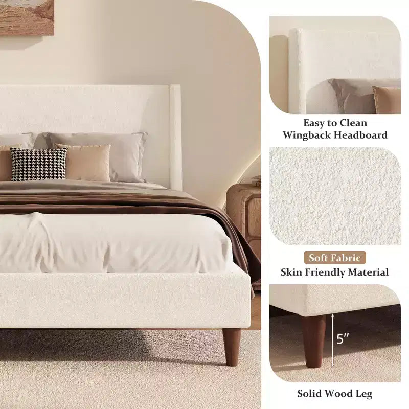 Queen/King Size Velvet Upholstered Platform Bed Frame with Wingback Headboard and Walnut Wooden Legs, Beige, No Box Spring Needed-ModernLuxe