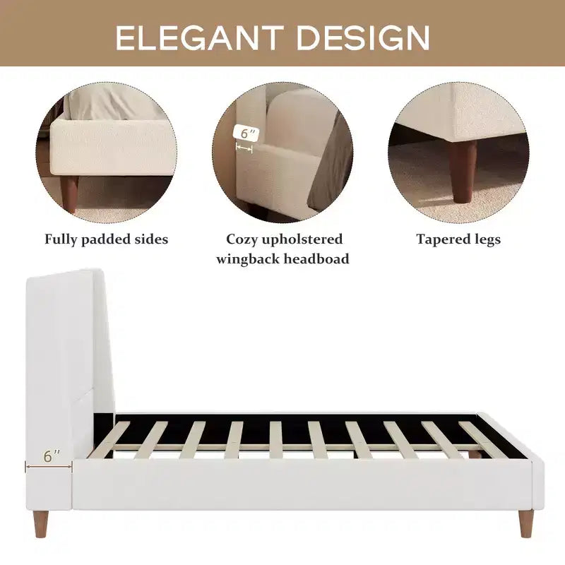 Queen/King Size Velvet Upholstered Platform Bed Frame with Wingback Headboard and Walnut Wooden Legs, Beige, No Box Spring Needed-ModernLuxe