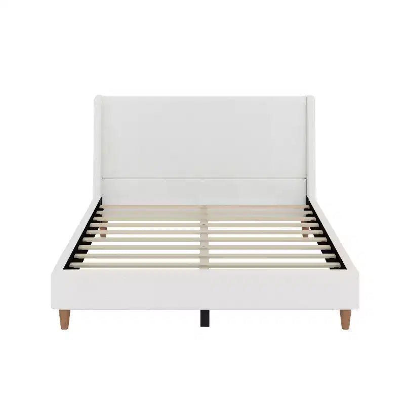 Queen/King Size Velvet Upholstered Platform Bed Frame with Wingback Headboard and Walnut Wooden Legs, Beige, No Box Spring Needed-ModernLuxe