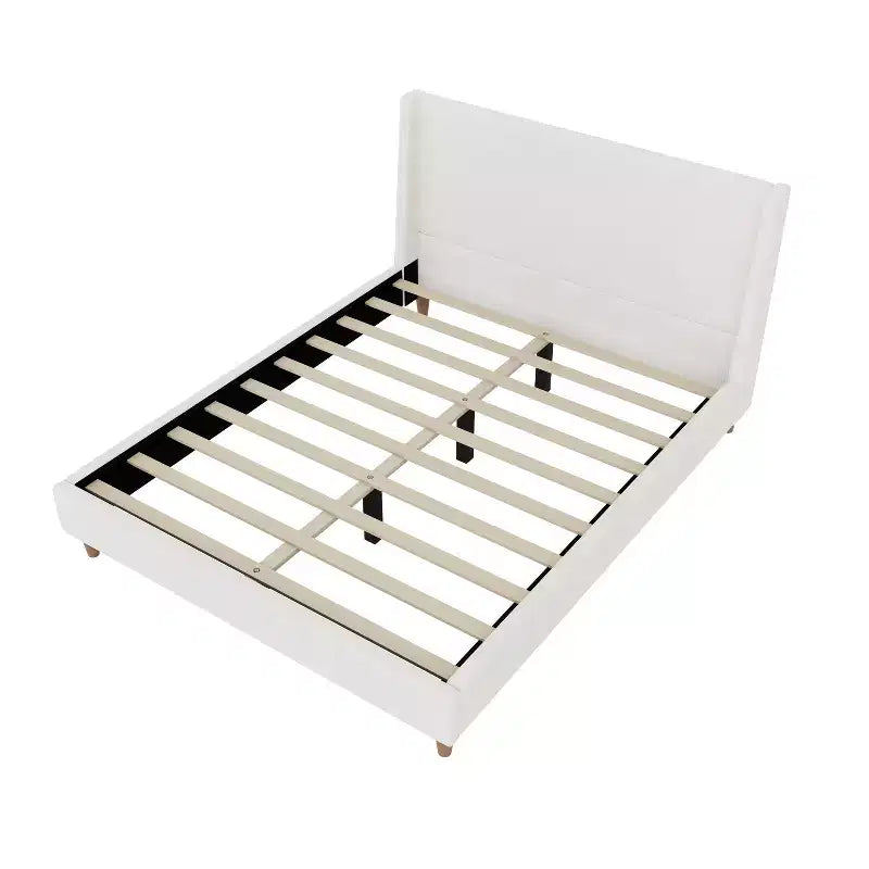 Queen/King Size Velvet Upholstered Platform Bed Frame with Wingback Headboard and Walnut Wooden Legs, Beige, No Box Spring Needed-ModernLuxe