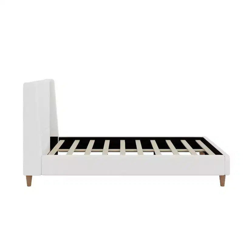 Queen/King Size Velvet Upholstered Platform Bed Frame with Wingback Headboard and Walnut Wooden Legs, Beige, No Box Spring Needed-ModernLuxe