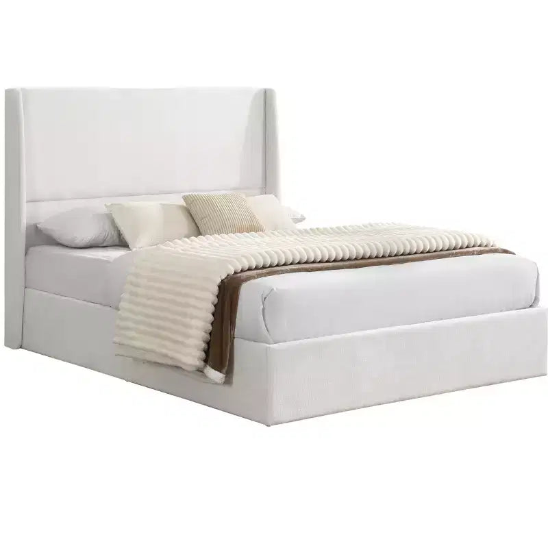 Queen/King Size Velvet Upholstered Platform Bed Frame with Wingback Headboard and Walnut Wooden Legs, Beige, No Box Spring Needed-ModernLuxe